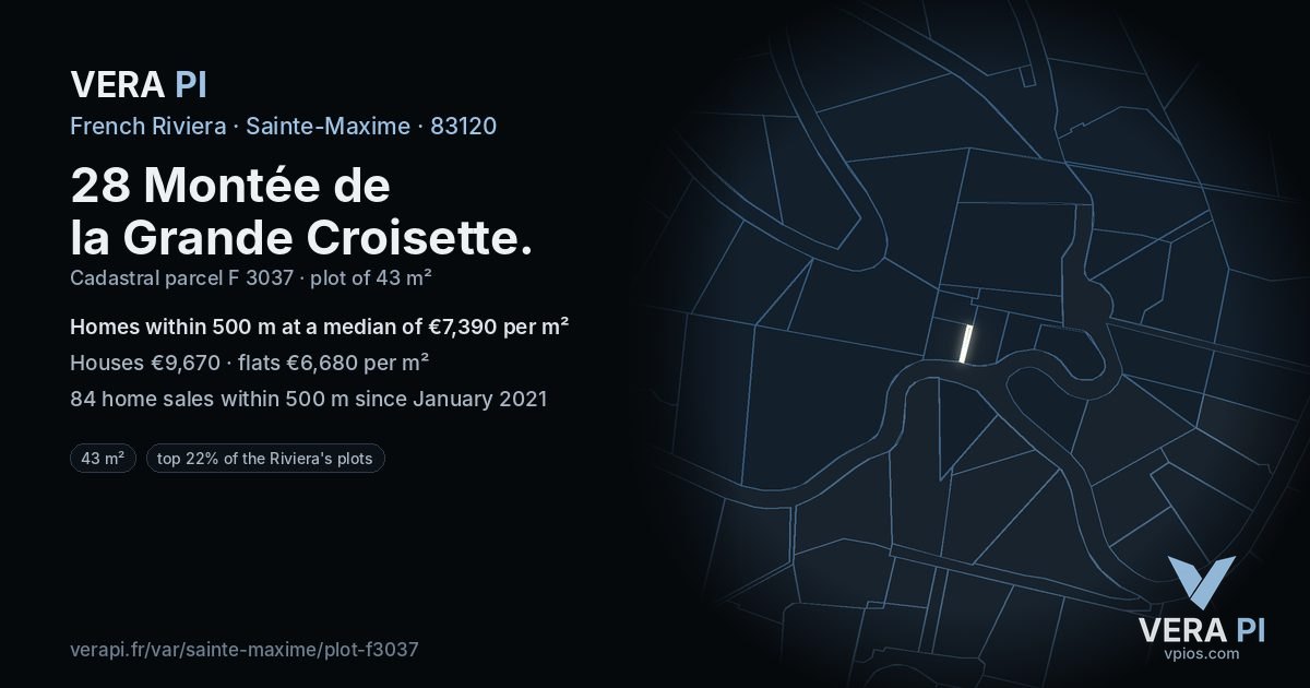 28 Montée de la Grande Croisette, Sainte-Maxime at night – the plot lit, the parcels around coloured by the prices near them