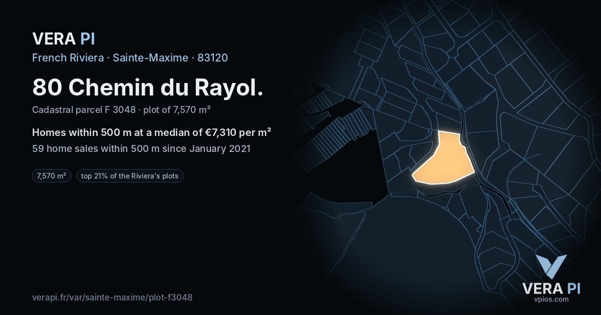 80 Chemin du Rayol, Sainte-Maxime at night – the plot lit, the parcels around coloured by the prices near them