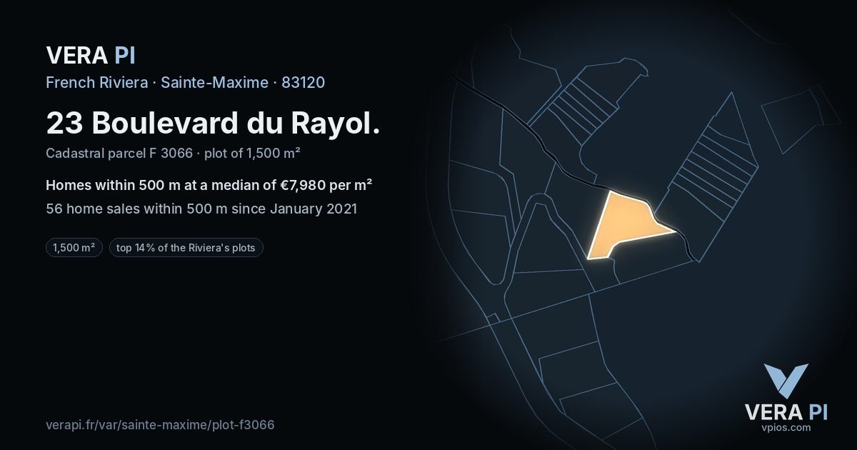 23 Boulevard du Rayol, Sainte-Maxime at night – the plot lit, the parcels around coloured by the prices near them
