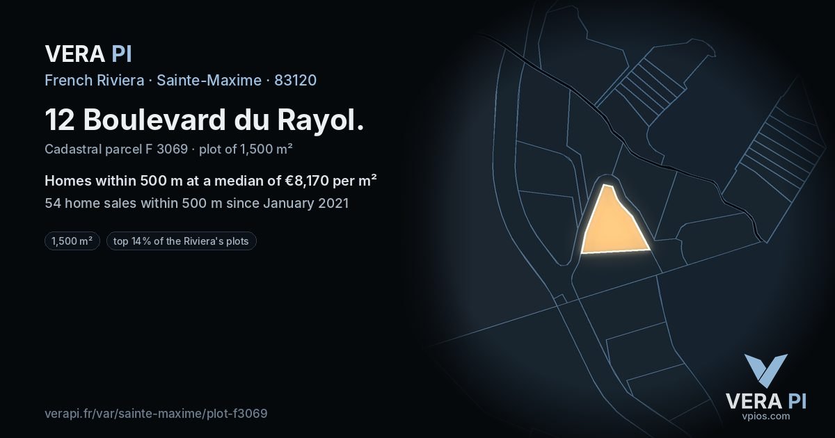 12 Boulevard du Rayol, Sainte-Maxime at night – the plot lit, the parcels around coloured by the prices near them