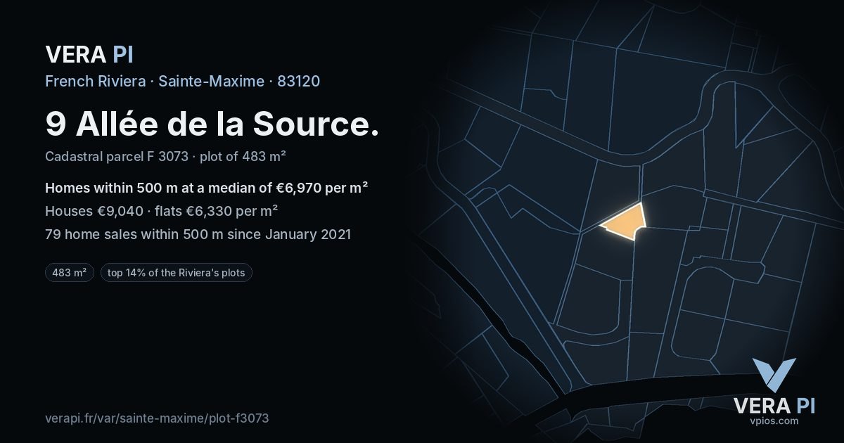 9 Allée de la Source, Sainte-Maxime at night – the plot lit, the parcels around coloured by the prices near them
