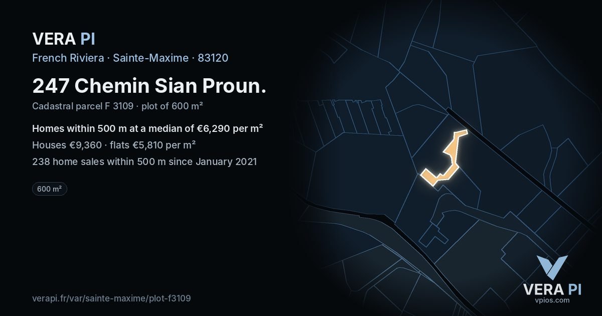 247 Chemin Sian Proun, Sainte-Maxime at night – the plot lit, the parcels around coloured by the prices near them
