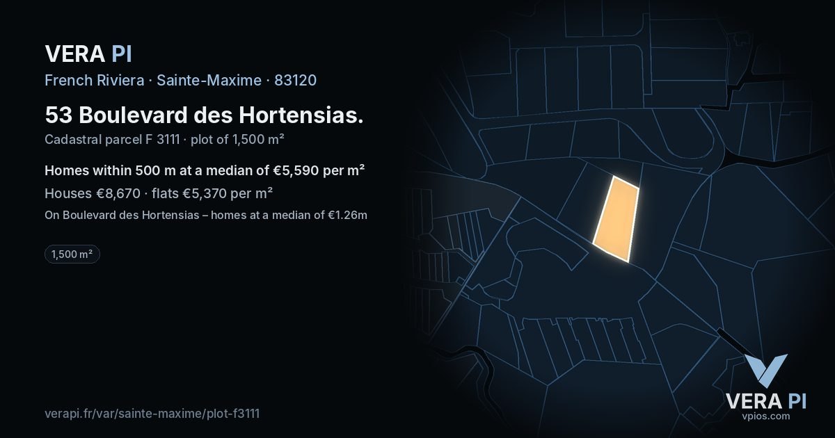 53 Boulevard des Hortensias, Sainte-Maxime at night – the plot lit, the parcels around coloured by the prices near them