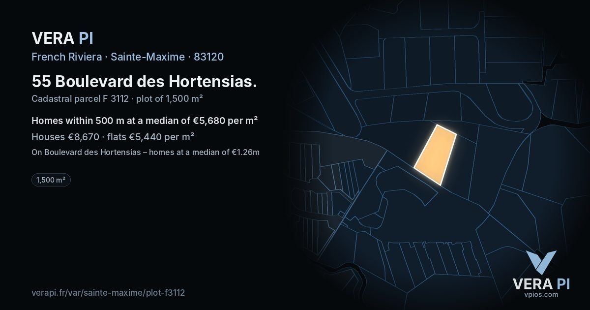 55 Boulevard des Hortensias, Sainte-Maxime at night – the plot lit, the parcels around coloured by the prices near them