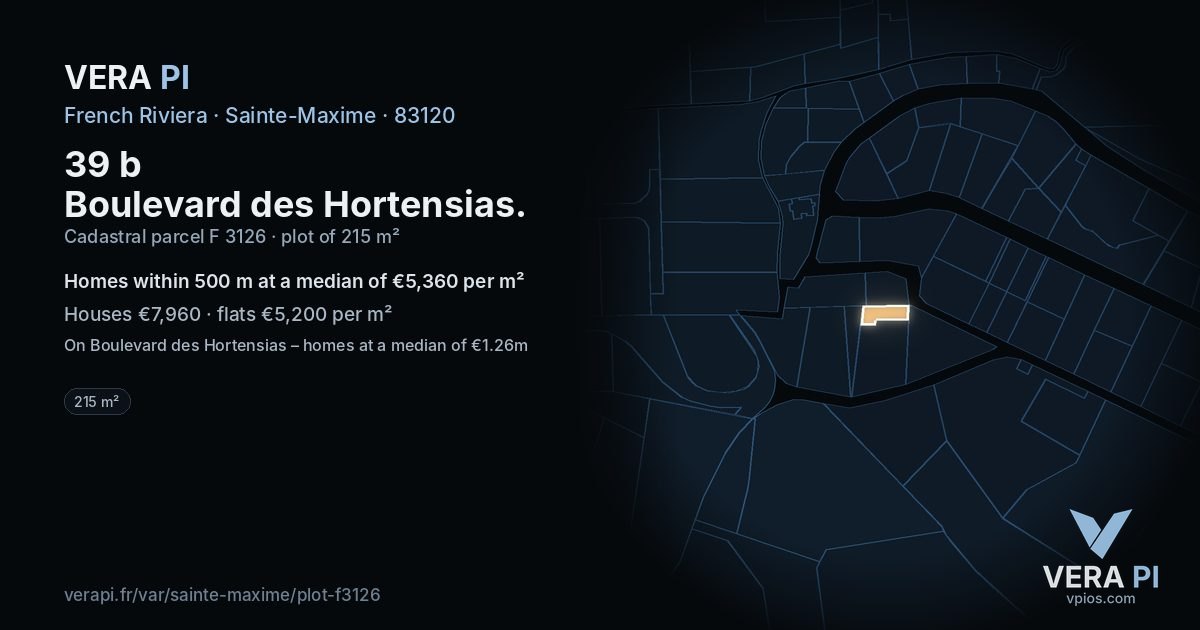39 b Boulevard des Hortensias, Sainte-Maxime at night – the plot lit, the parcels around coloured by the prices near them