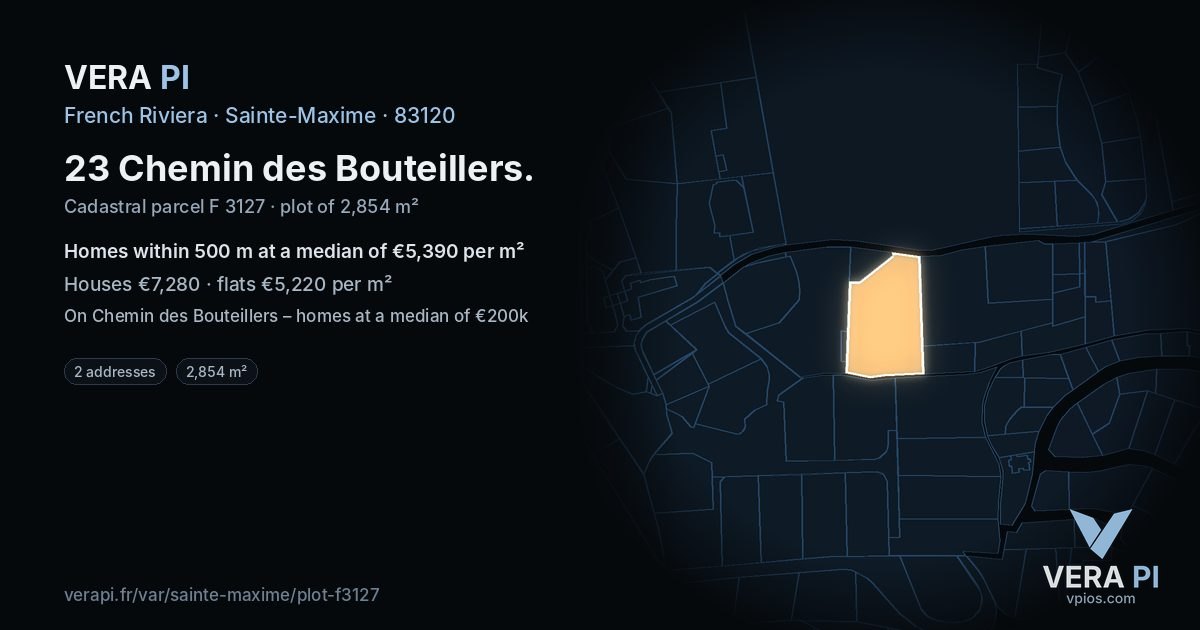 23 Chemin des Bouteillers, Sainte-Maxime at night – the plot lit, the parcels around coloured by the prices near them