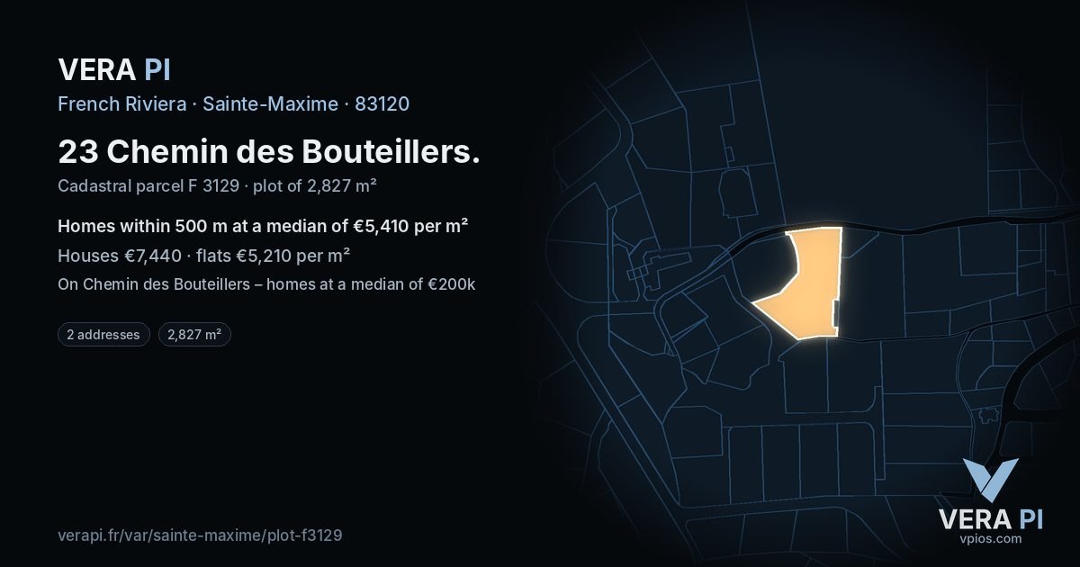 23 Chemin des Bouteillers, Sainte-Maxime at night – the plot lit, the parcels around coloured by the prices near them