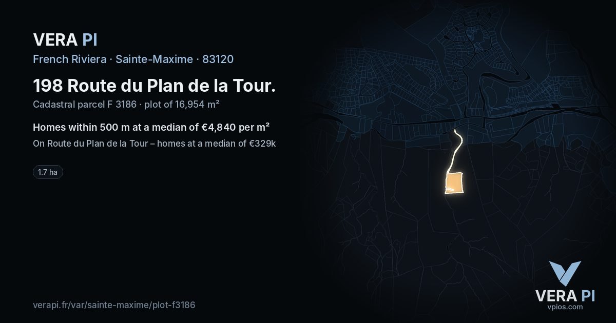 198 Route du Plan de la Tour, Sainte-Maxime at night – the plot lit, the parcels around coloured by the prices near them