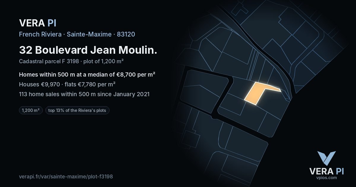 32 Boulevard Jean Moulin, Sainte-Maxime at night – the plot lit, the parcels around coloured by the prices near them