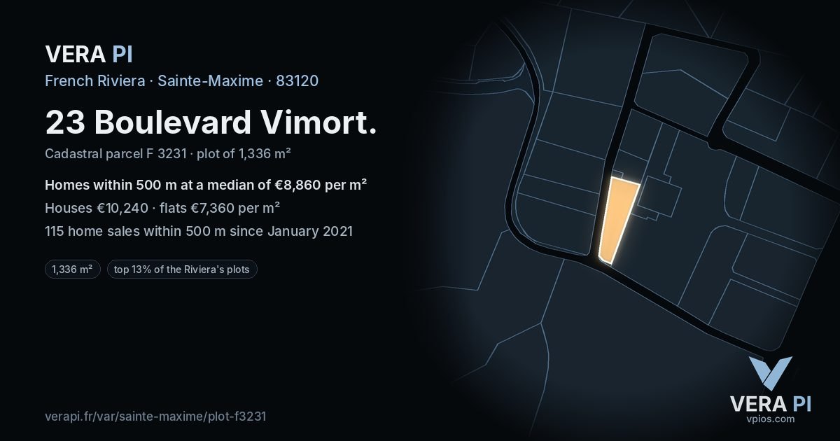 23 Boulevard Vimort, Sainte-Maxime at night – the plot lit, the parcels around coloured by the prices near them