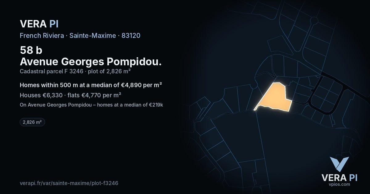 58 b Avenue Georges Pompidou, Sainte-Maxime at night – the plot lit, the parcels around coloured by the prices near them