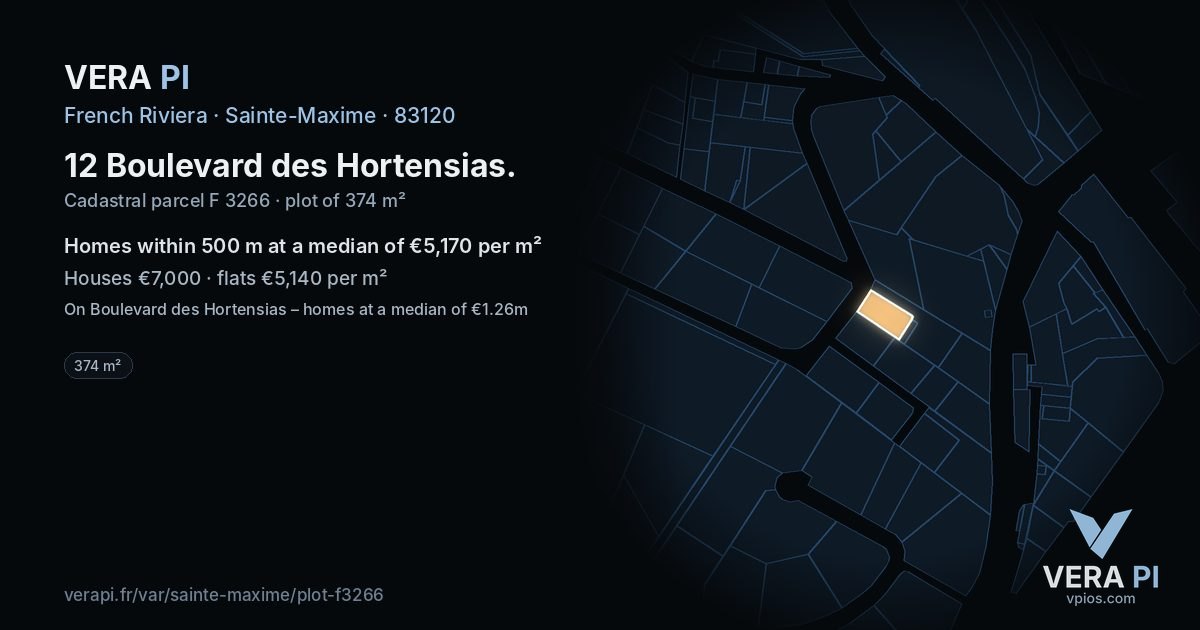 12 Boulevard des Hortensias, Sainte-Maxime at night – the plot lit, the parcels around coloured by the prices near them