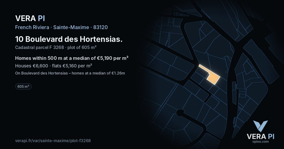 10 Boulevard des Hortensias, Sainte-Maxime at night – the plot lit, the parcels around coloured by the prices near them