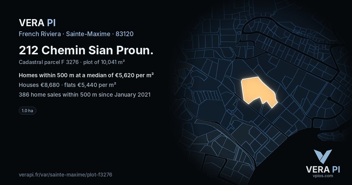 212 Chemin Sian Proun, Sainte-Maxime at night – the plot lit, the parcels around coloured by the prices near them
