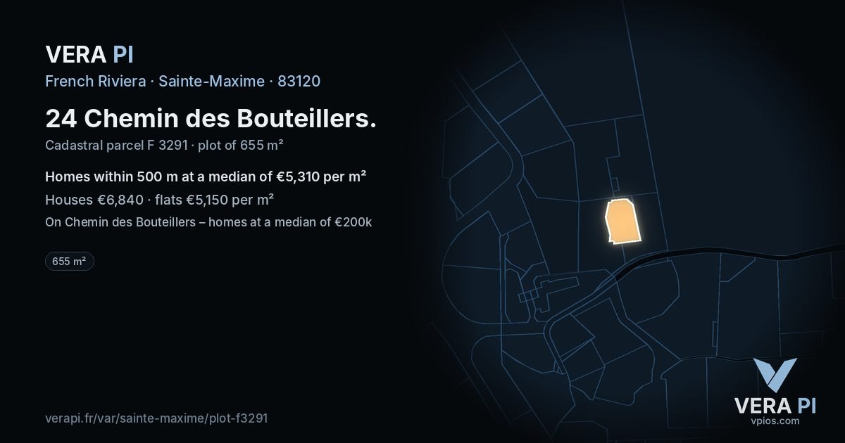 24 Chemin des Bouteillers, Sainte-Maxime at night – the plot lit, the parcels around coloured by the prices near them