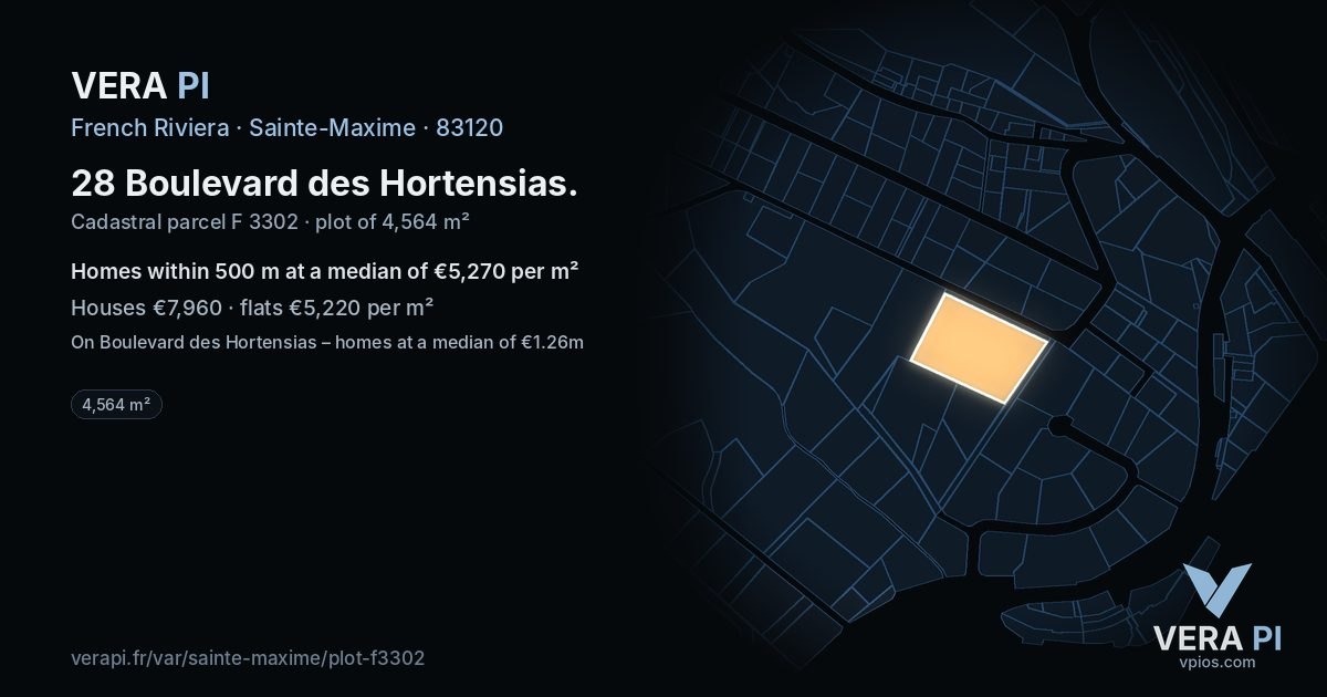 28 Boulevard des Hortensias, Sainte-Maxime at night – the plot lit, the parcels around coloured by the prices near them