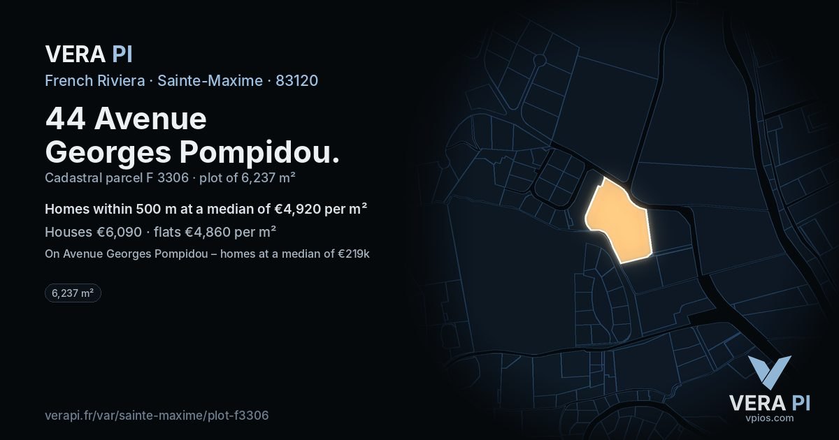 44 Avenue Georges Pompidou, Sainte-Maxime at night – the plot lit, the parcels around coloured by the prices near them