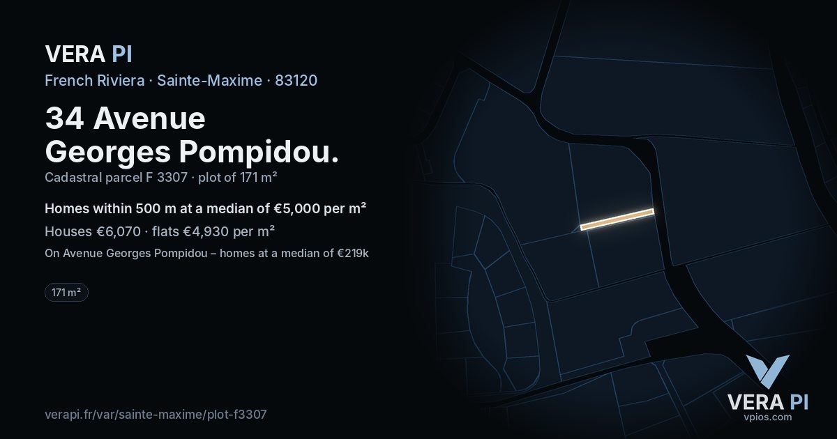 34 Avenue Georges Pompidou, Sainte-Maxime at night – the plot lit, the parcels around coloured by the prices near them