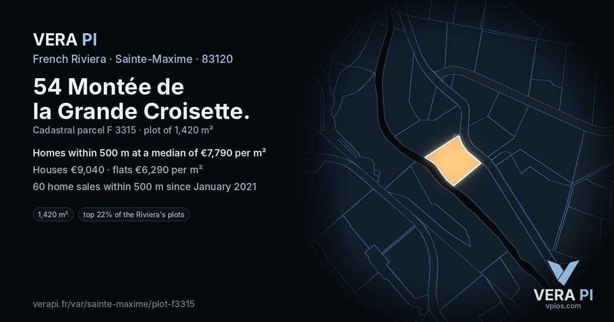 54 Montée de la Grande Croisette, Sainte-Maxime at night – the plot lit, the parcels around coloured by the prices near them