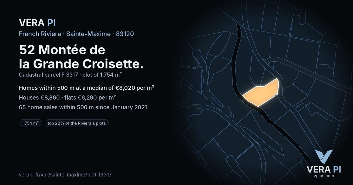 52 Montée de la Grande Croisette, Sainte-Maxime at night – the plot lit, the parcels around coloured by the prices near them