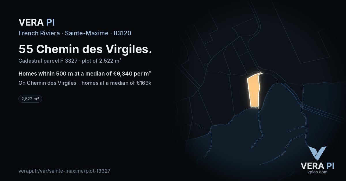 55 Chemin des Virgiles, Sainte-Maxime at night – the plot lit, the parcels around coloured by the prices near them