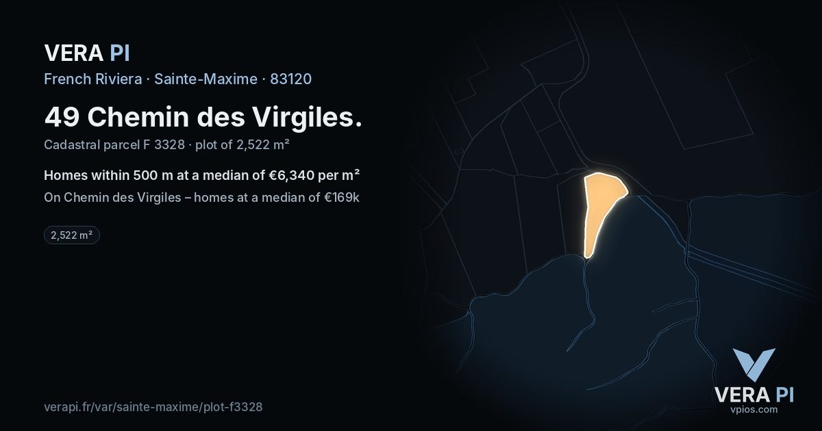 49 Chemin des Virgiles, Sainte-Maxime at night – the plot lit, the parcels around coloured by the prices near them