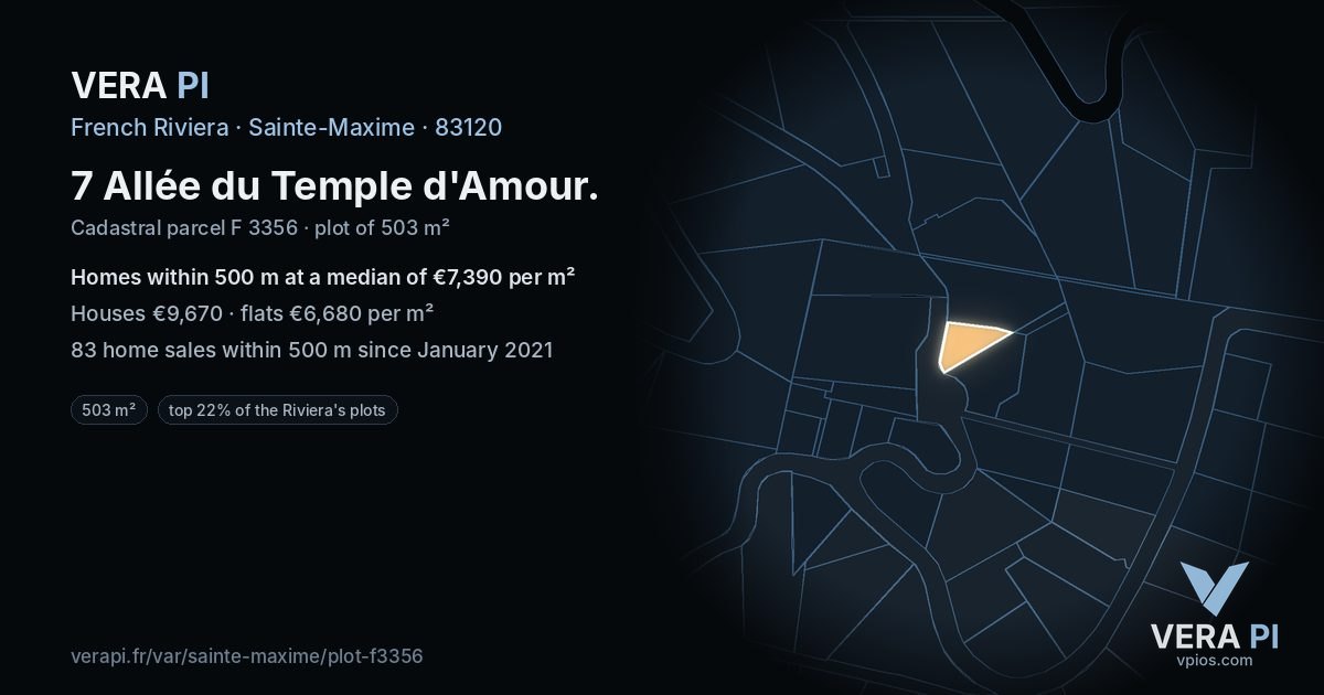 7 Allée du Temple d'Amour, Sainte-Maxime at night – the plot lit, the parcels around coloured by the prices near them