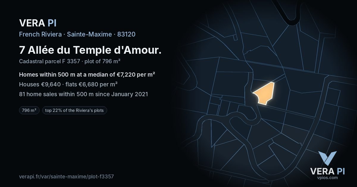 7 Allée du Temple d'Amour, Sainte-Maxime at night – the plot lit, the parcels around coloured by the prices near them