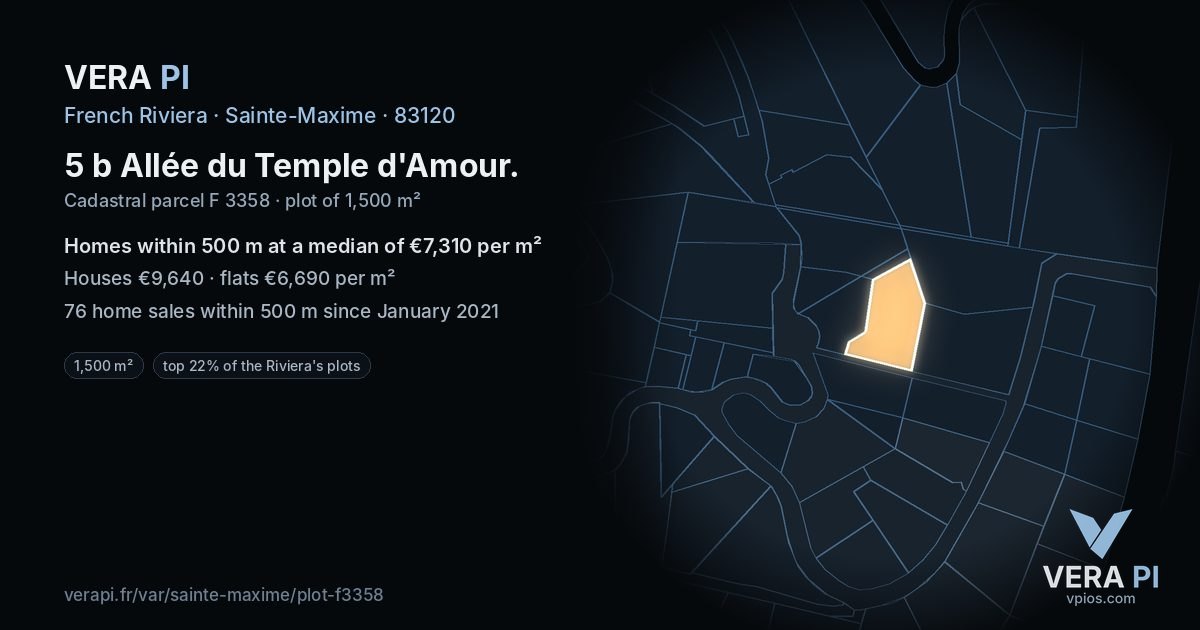 5 b Allée du Temple d'Amour, Sainte-Maxime at night – the plot lit, the parcels around coloured by the prices near them