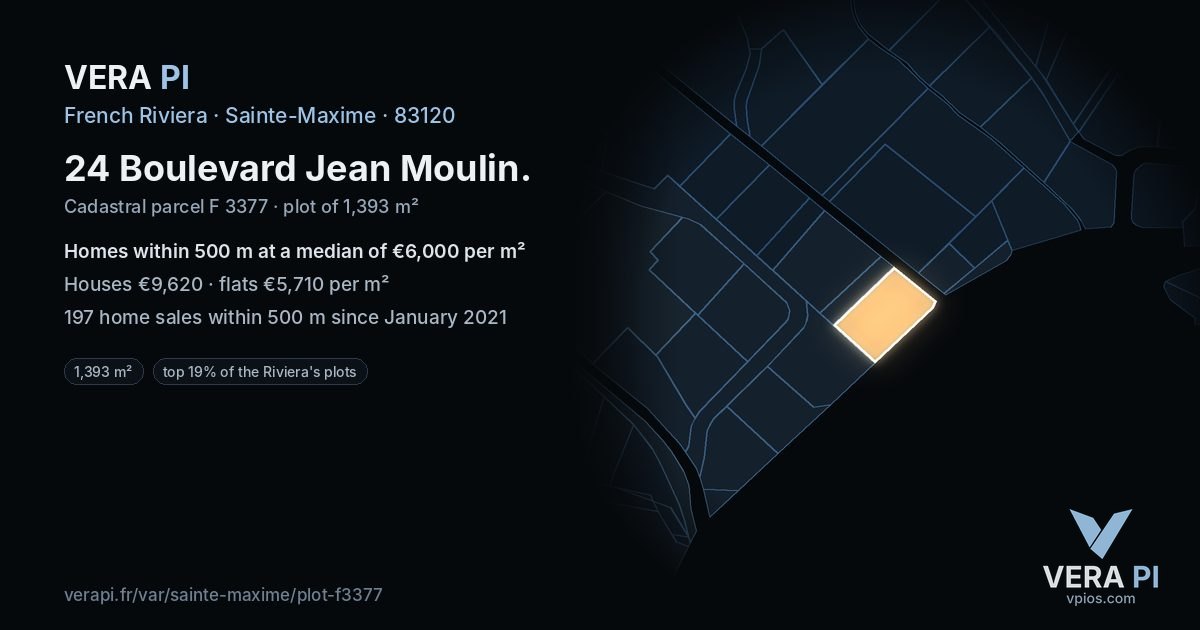 24 Boulevard Jean Moulin, Sainte-Maxime at night – the plot lit, the parcels around coloured by the prices near them