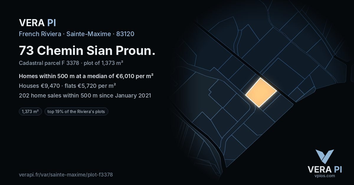 73 Chemin Sian Proun, Sainte-Maxime at night – the plot lit, the parcels around coloured by the prices near them