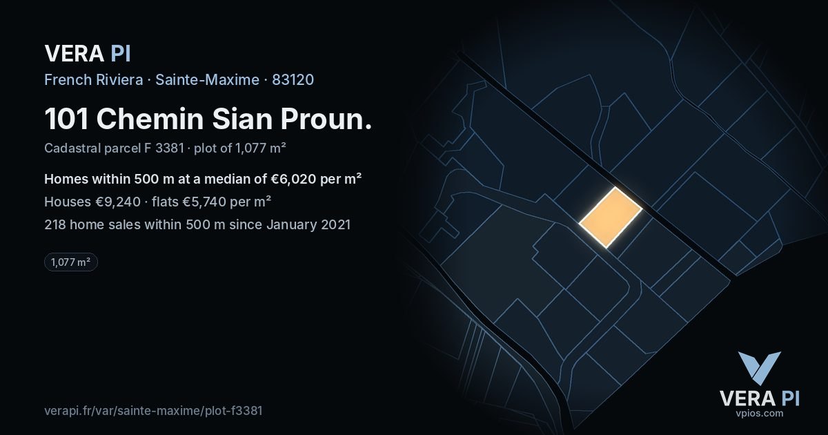 101 Chemin Sian Proun, Sainte-Maxime at night – the plot lit, the parcels around coloured by the prices near them