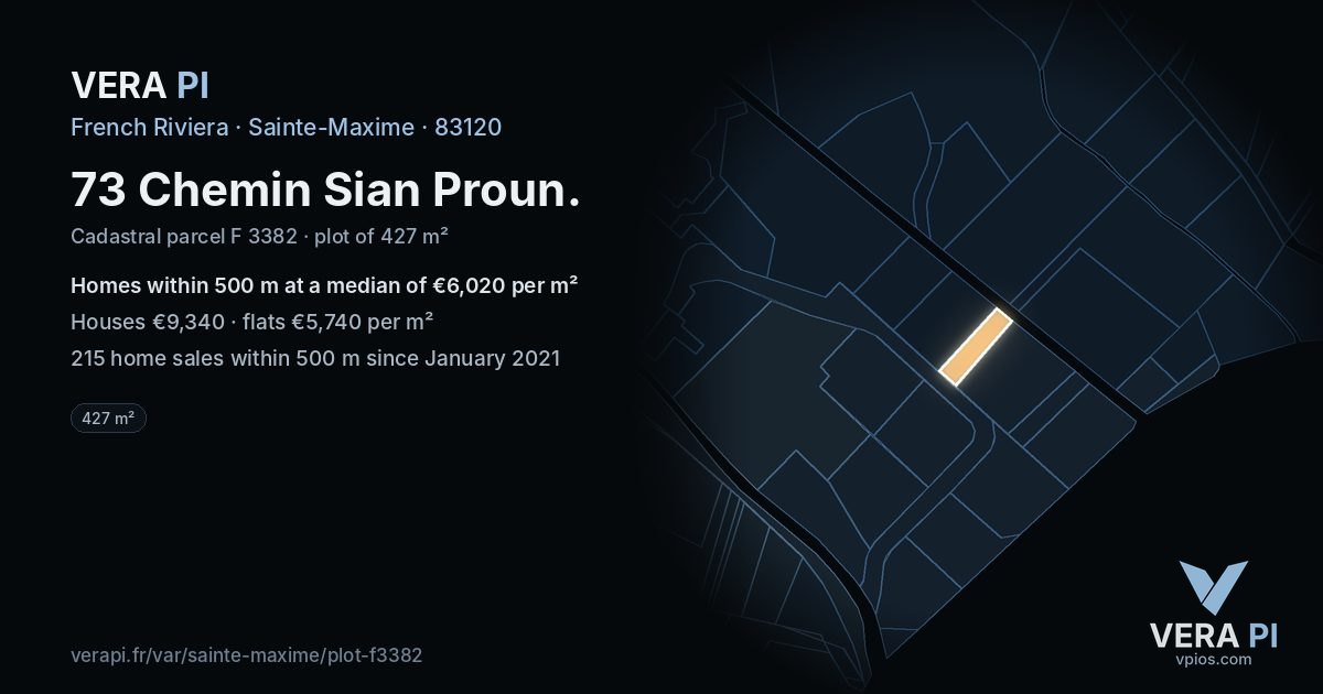73 Chemin Sian Proun, Sainte-Maxime at night – the plot lit, the parcels around coloured by the prices near them