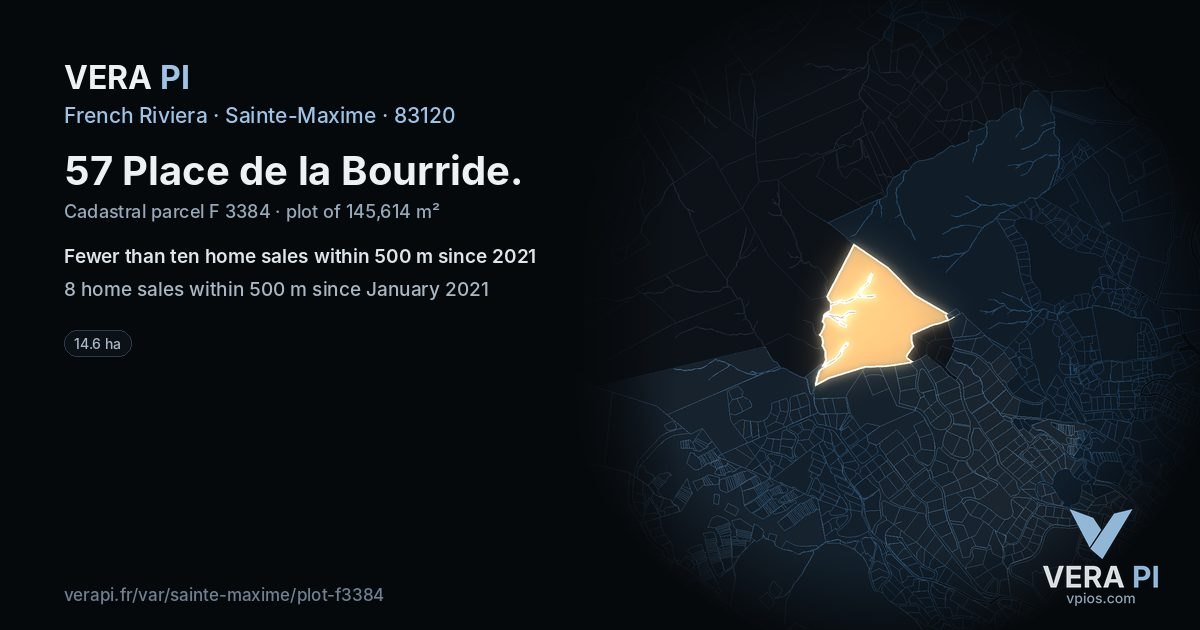 57 Place de la Bourride, Sainte-Maxime at night – the plot lit, the parcels around coloured by the prices near them