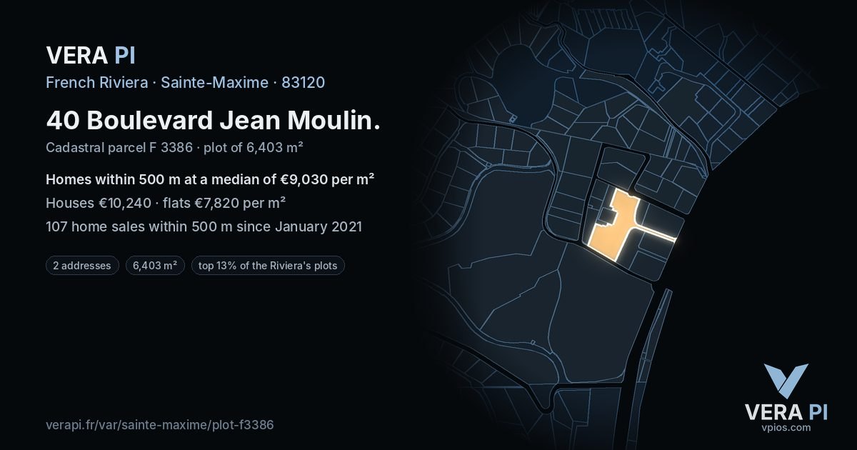 40 Boulevard Jean Moulin, Sainte-Maxime at night – the plot lit, the parcels around coloured by the prices near them