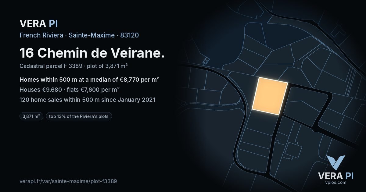 16 Chemin de Veirane, Sainte-Maxime at night – the plot lit, the parcels around coloured by the prices near them