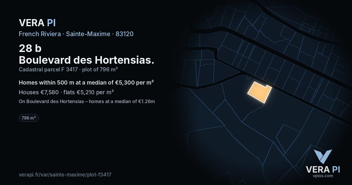 28 b Boulevard des Hortensias, Sainte-Maxime at night – the plot lit, the parcels around coloured by the prices near them