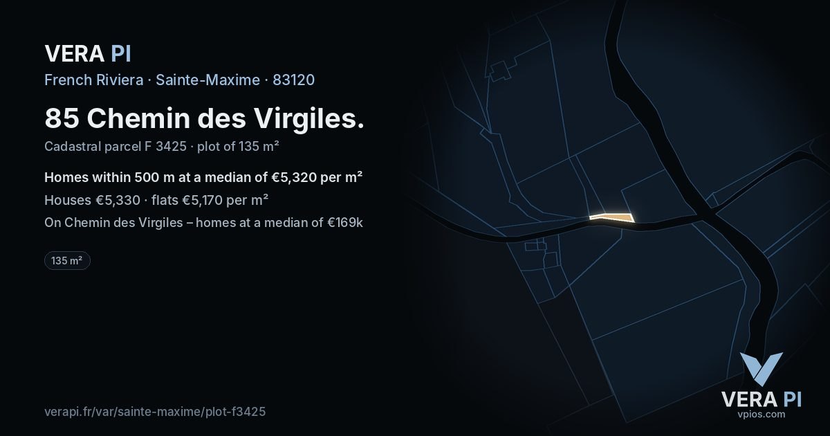 85 Chemin des Virgiles, Sainte-Maxime at night – the plot lit, the parcels around coloured by the prices near them