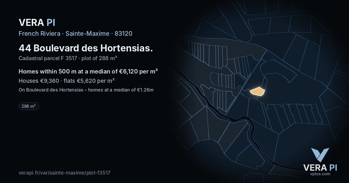 44 Boulevard des Hortensias, Sainte-Maxime at night – the plot lit, the parcels around coloured by the prices near them