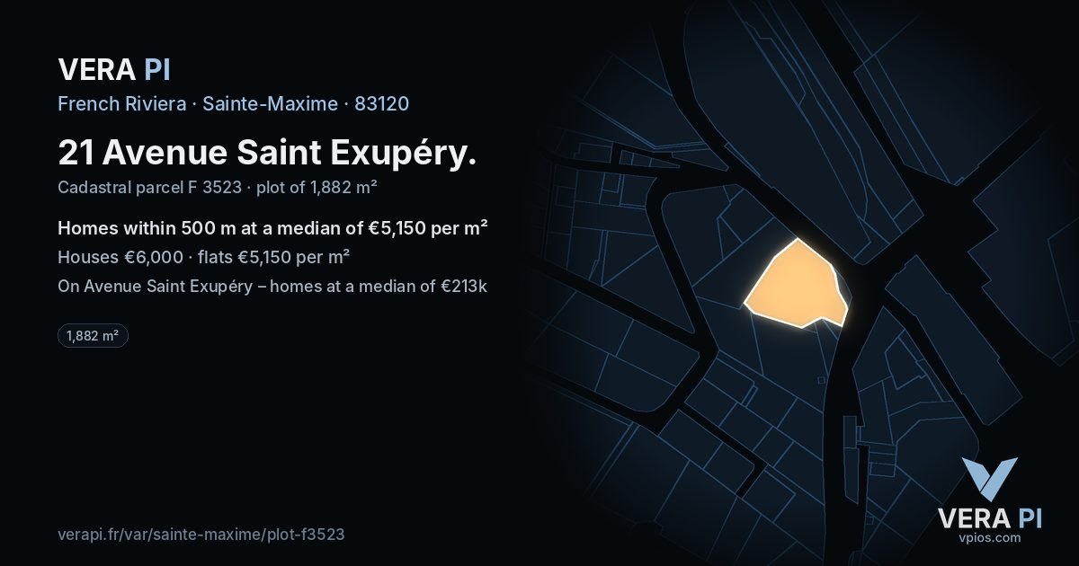 21 Avenue Saint Exupéry, Sainte-Maxime at night – the plot lit, the parcels around coloured by the prices near them