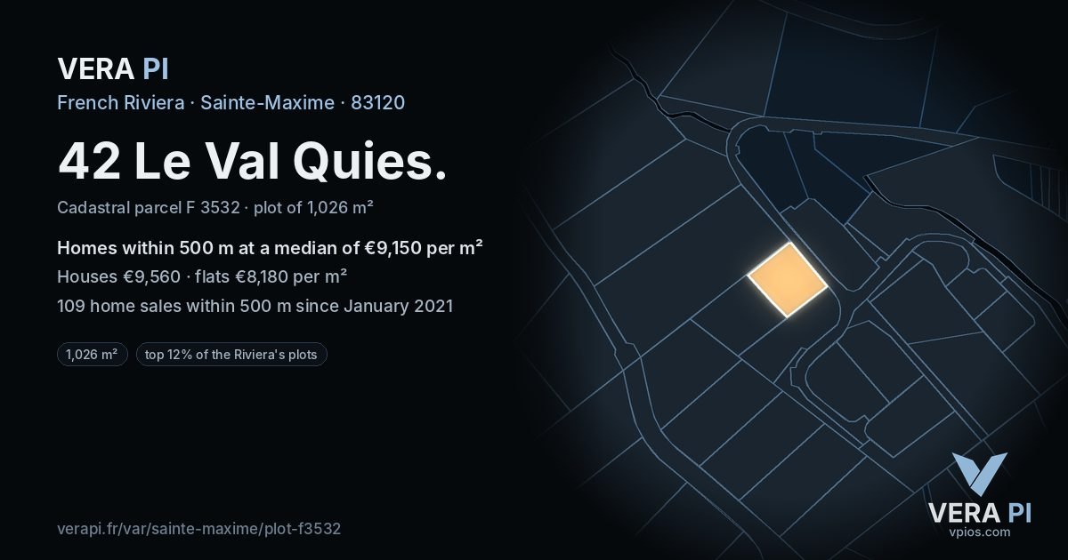 42 Le Val Quies, Sainte-Maxime at night – the plot lit, the parcels around coloured by the prices near them