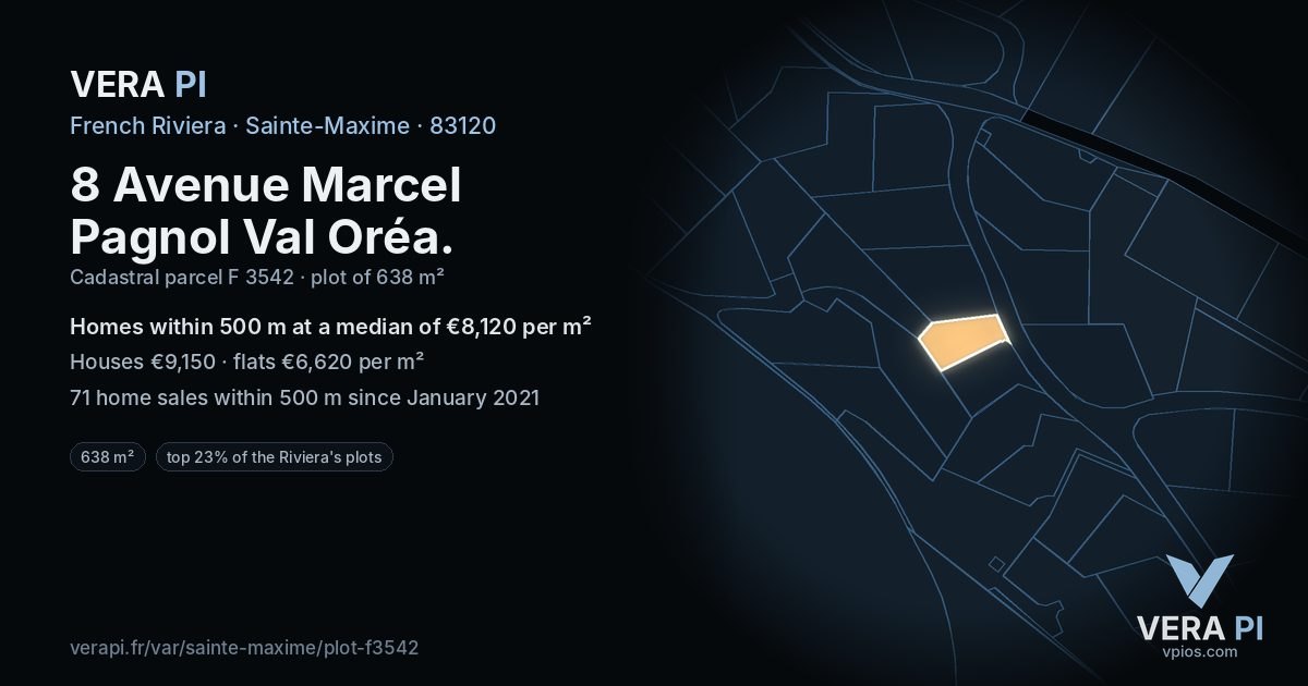 8 Avenue Marcel Pagnol Val Oréa, Sainte-Maxime at night – the plot lit, the parcels around coloured by the prices near them