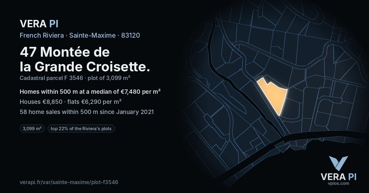 47 Montée de la Grande Croisette, Sainte-Maxime at night – the plot lit, the parcels around coloured by the prices near them
