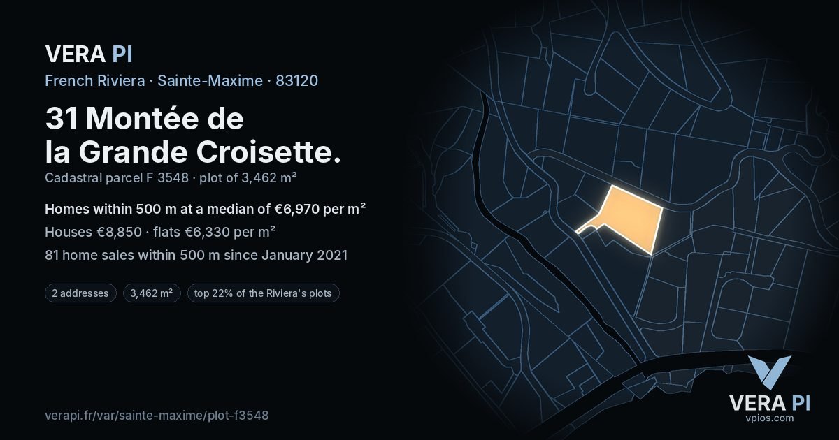 31 Montée de la Grande Croisette, Sainte-Maxime at night – the plot lit, the parcels around coloured by the prices near them