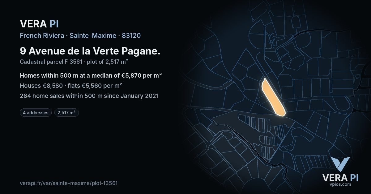 9 Avenue de la Verte Pagane, Sainte-Maxime at night – the plot lit, the parcels around coloured by the prices near them