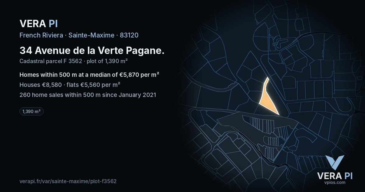 34 Avenue de la Verte Pagane, Sainte-Maxime at night – the plot lit, the parcels around coloured by the prices near them