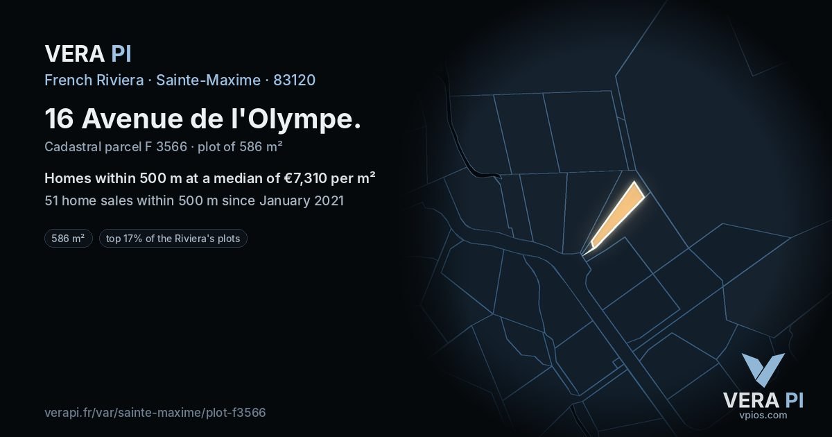 16 Avenue de l'Olympe, Sainte-Maxime at night – the plot lit, the parcels around coloured by the prices near them