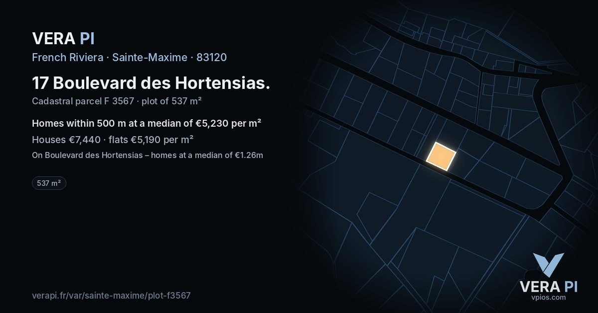 17 Boulevard des Hortensias, Sainte-Maxime at night – the plot lit, the parcels around coloured by the prices near them