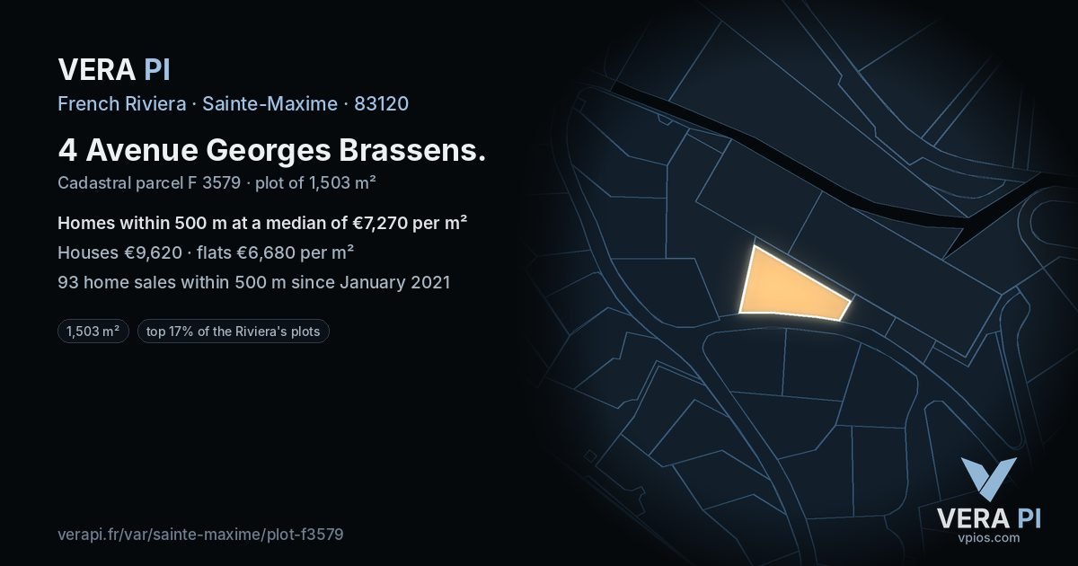 4 Avenue Georges Brassens, Sainte-Maxime at night – the plot lit, the parcels around coloured by the prices near them