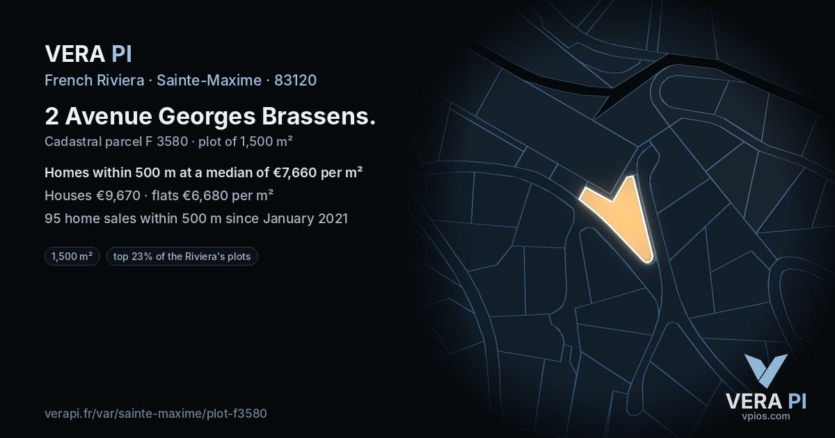 2 Avenue Georges Brassens, Sainte-Maxime at night – the plot lit, the parcels around coloured by the prices near them